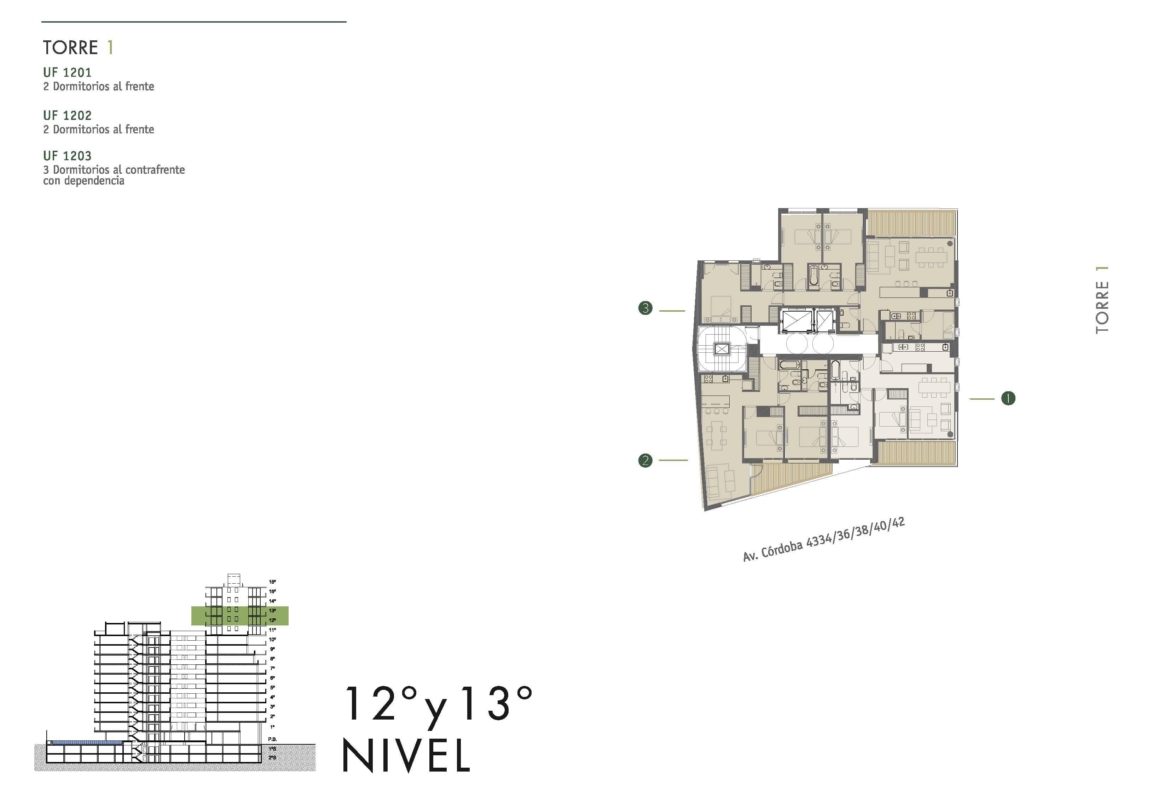 Av. Córdoba 4340 * – Torre 1 – 13º 1 – Depto. 3 amb. – Sup. 74.02 m2.  Valor m2: USD 3.273