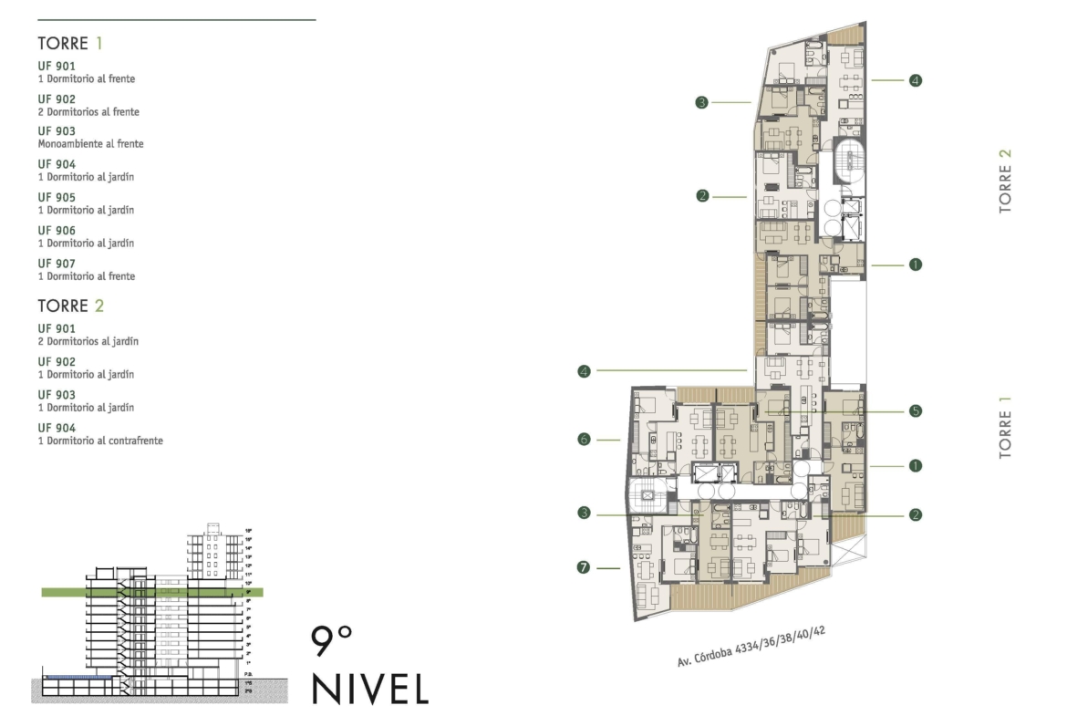 Av. Córdoba 4340 * – Torre 1 – 9º 7 – Depto. 2 amb. – Sup. 54.80 m2.  Valor m2: USD 2.916