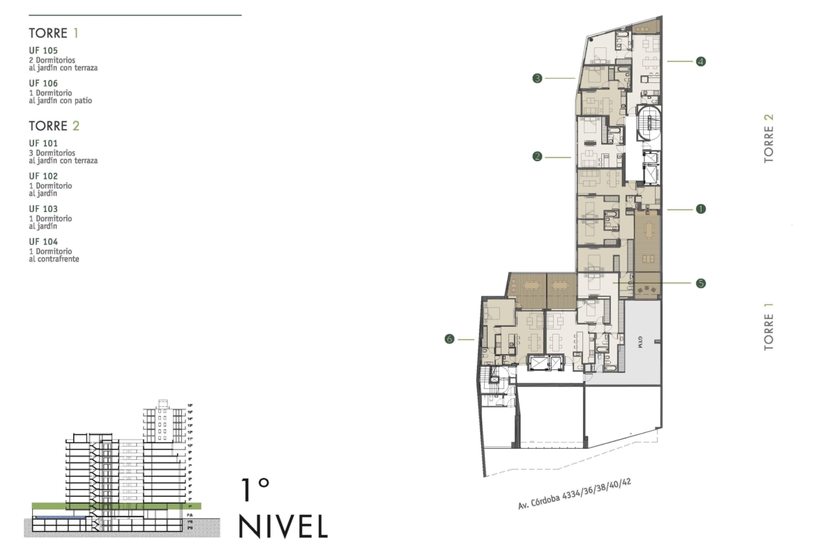 Av. Córdoba 4340 * – Torre 1 – 1º 6 – Depto. 2 amb. c/patio al jardín – Sup. 64.07 m2. Valor m2: USD 3.279