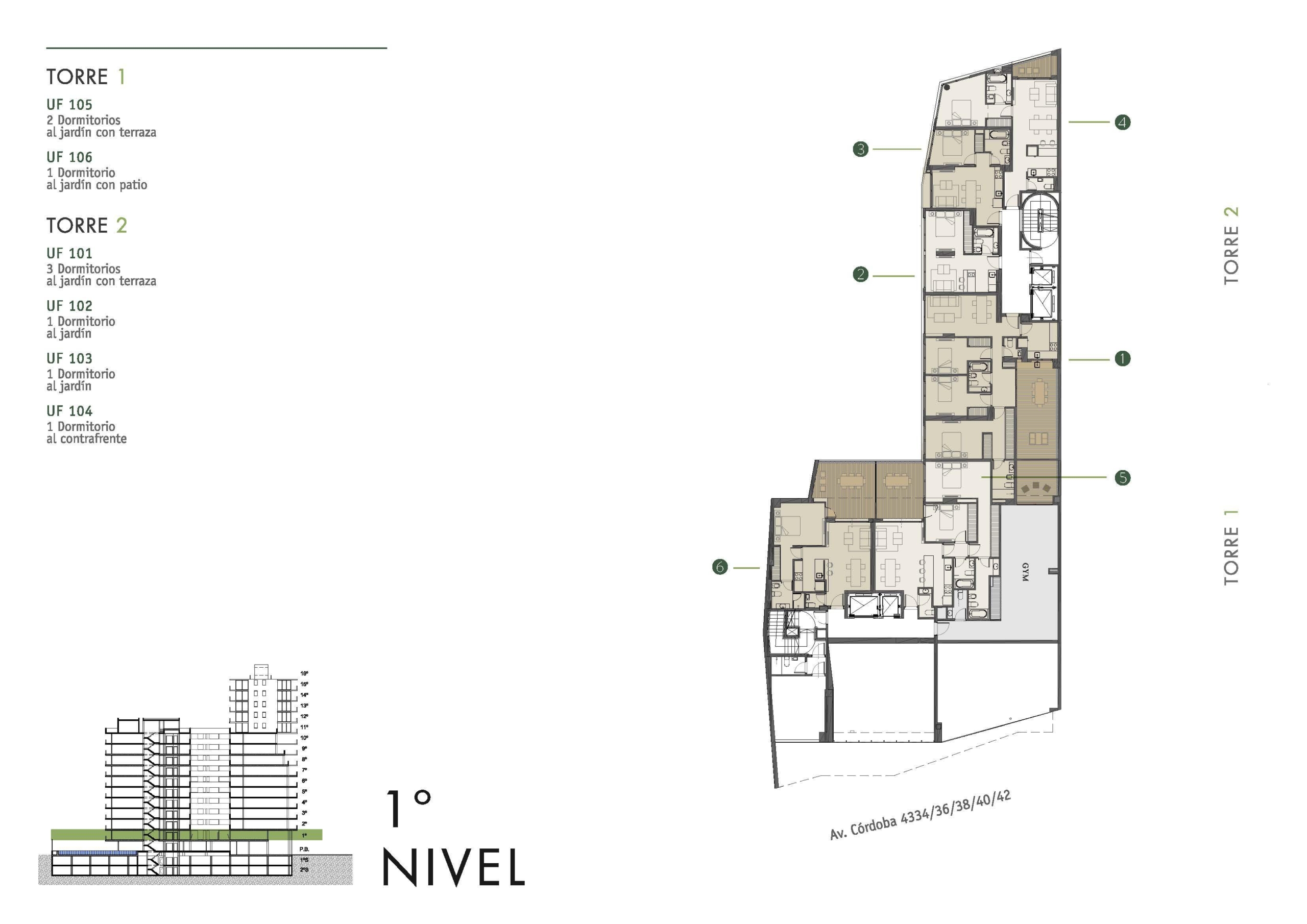 Av. Córdoba 4340 * – Torre 1 – 1º 6 – Depto. 2 amb. c/patio al jardín – Sup. 64.07 m2. Valor m2: USD 3.279