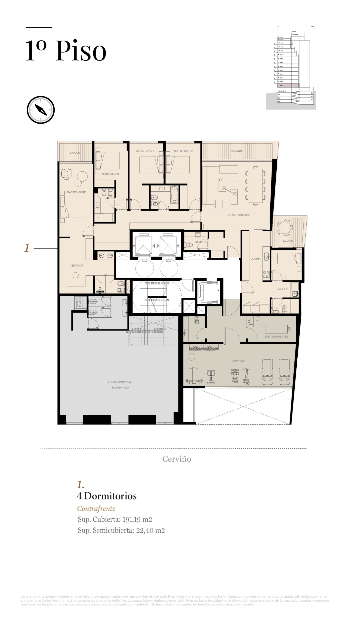 Cerviño 3941 * 1º 2 – dpto. 4 amb. – sup: 93.36 m2 – por m2 3.813 USD