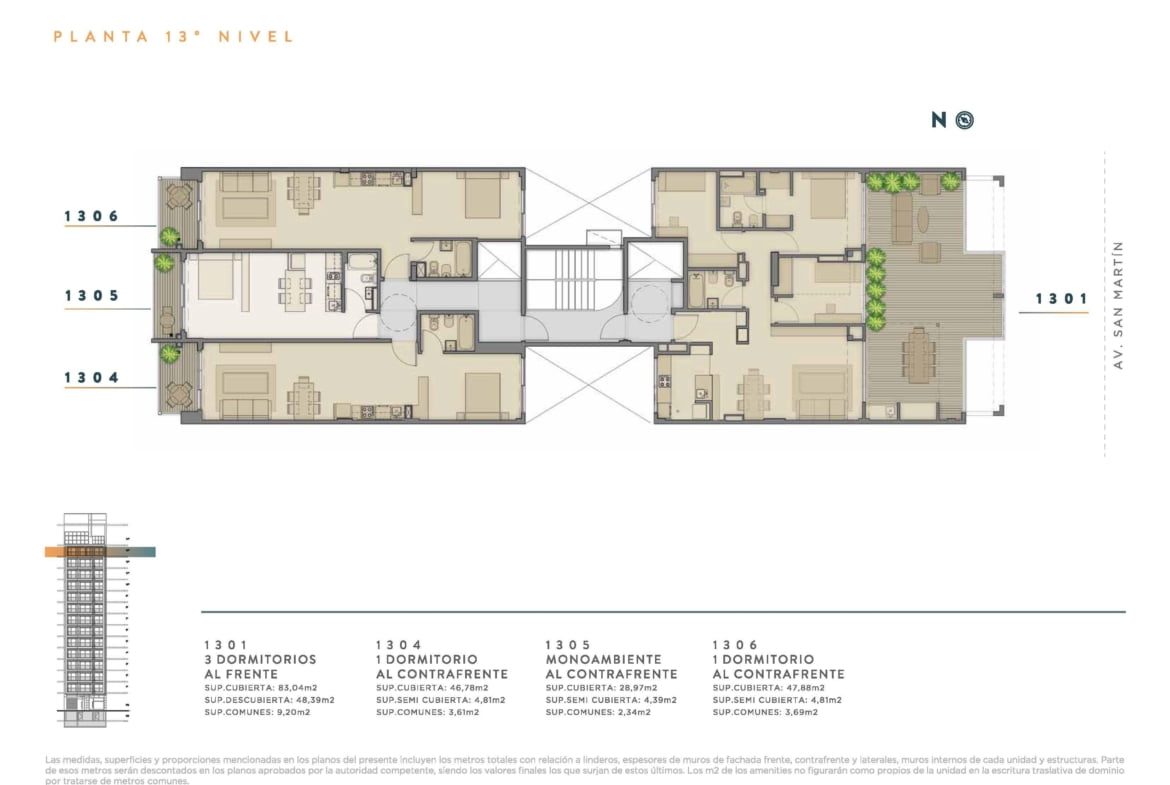 Av. San Martín 2355 * – 13º 6 – Depto. 2 amb. – Sup. 52.69 m2.  Valor m2: USD 2.643