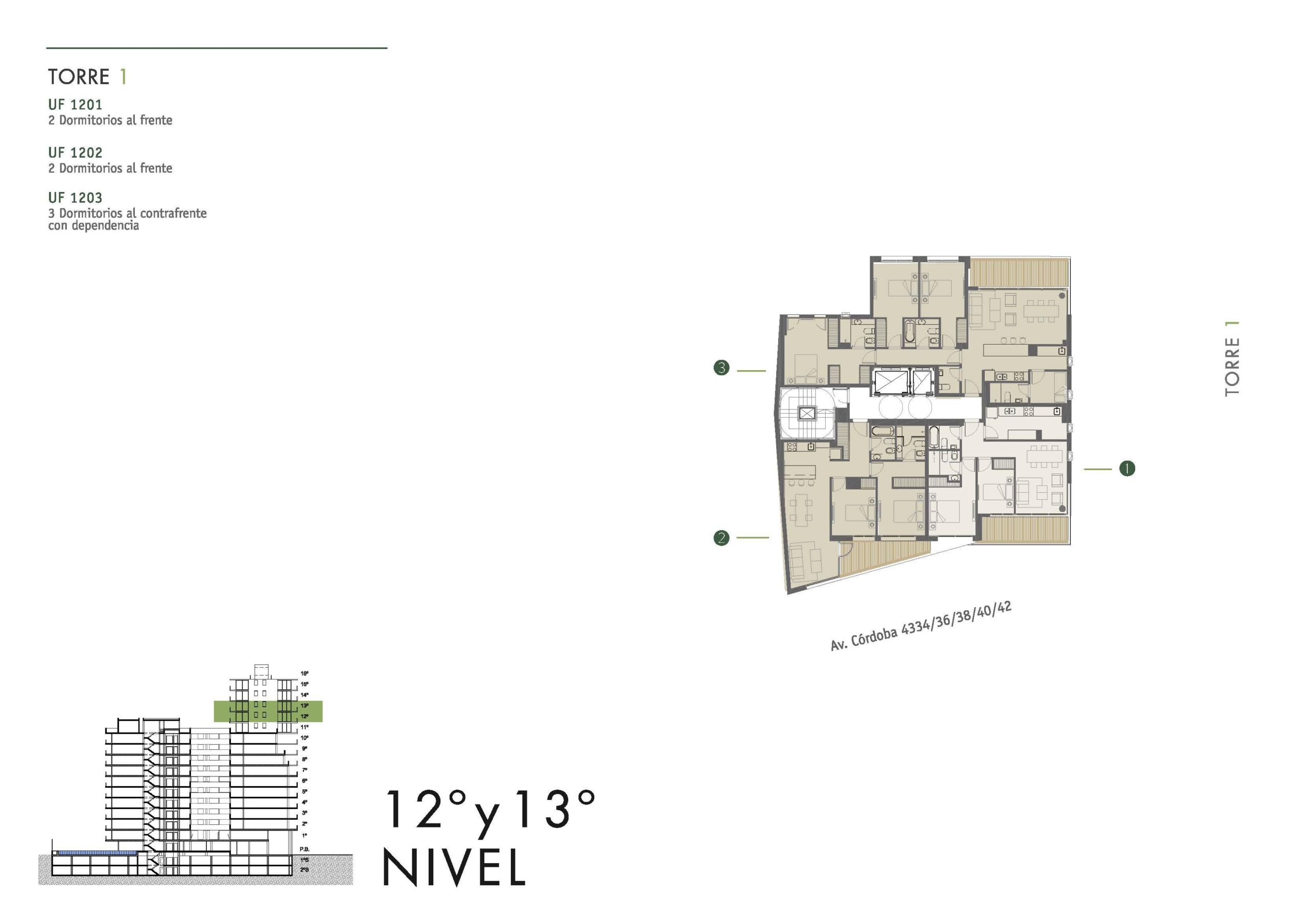 Av. Córdoba 4340 * – Torre 1 – 12º 2 – Depto. 3 amb. – Sup. 83.39 m2.  Valor m2: USD 3.219